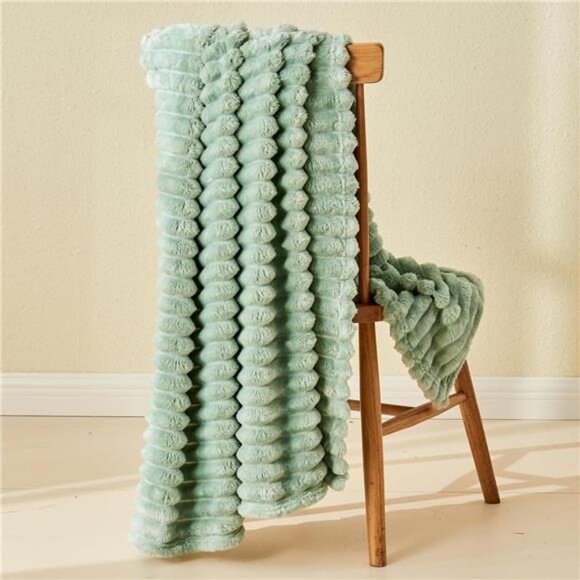 Super Soft Throw Blanket Sage Green Premium Silky Flannel Fleece Ribbed  50"x60" - Picture 1 of 6
